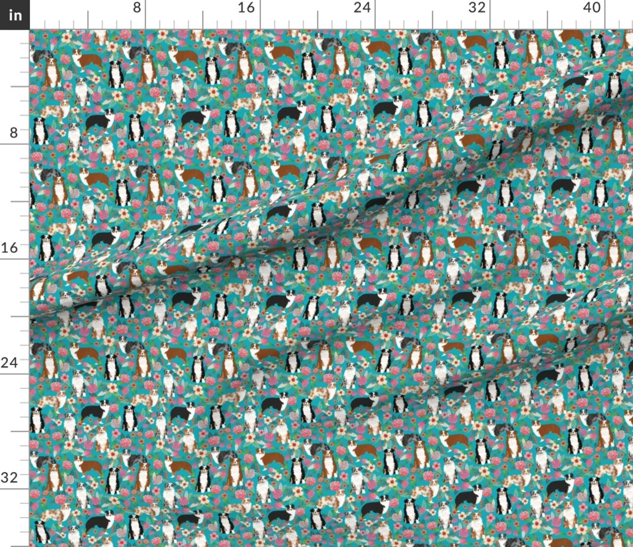 Australian Shepherd Dogs Floral Cute Aussie Dog Vintage Flowers Turquoise Shepherds Breed Custom Printed Fabric by Spoonflower Various Fabrics by the Yard or Fat Quarter